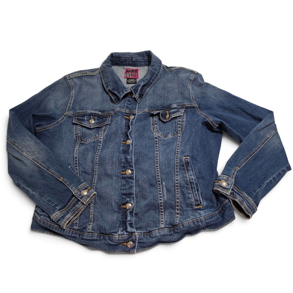 Torrid Flame Heart Denim Trucker Jacket Stretch Women's size 1 X Medium Wash